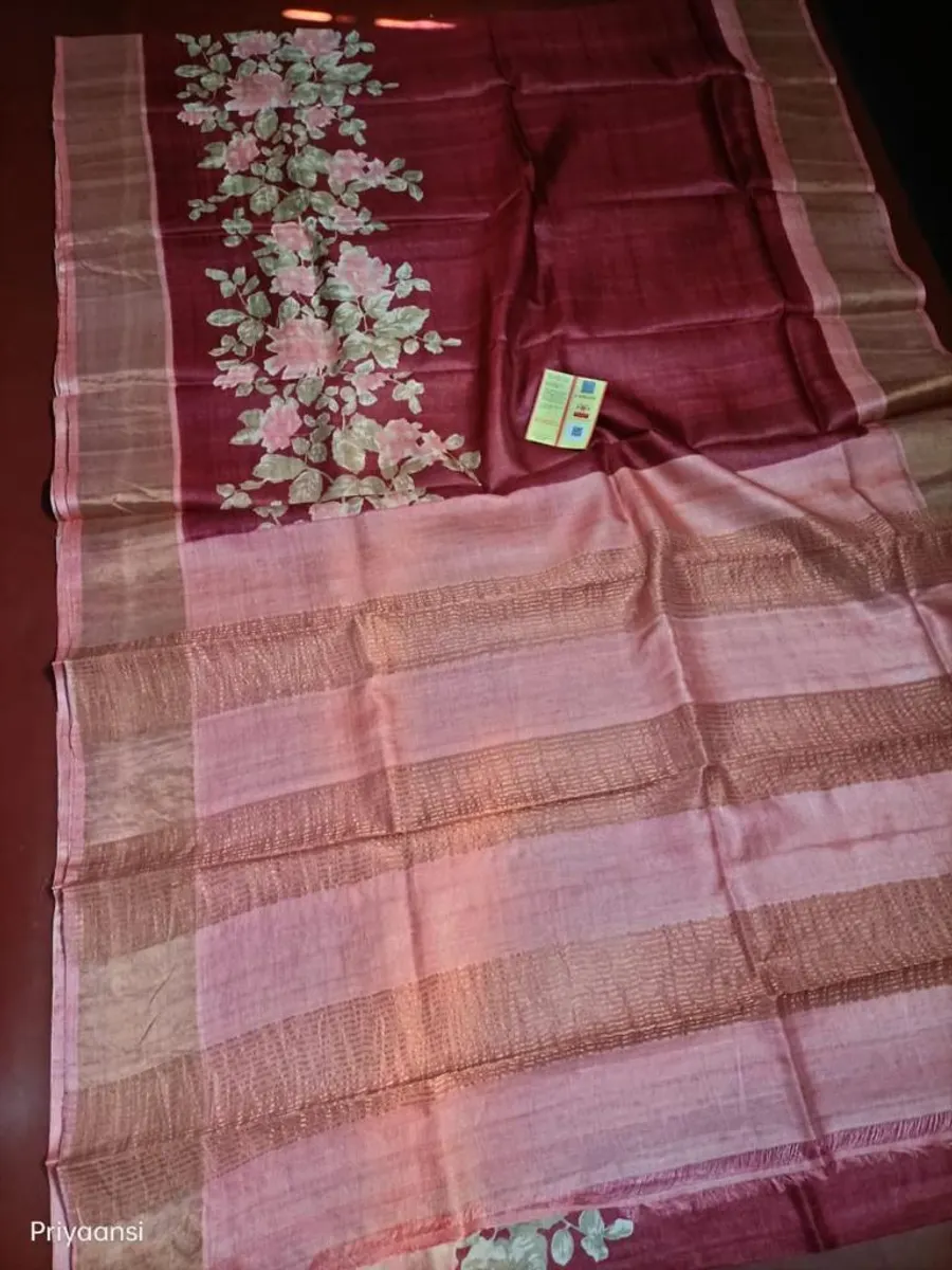 Soft Tussar Silk Saree Floral Digital Print Extraodinary Zari Weaving Border Designer Pallu Attach Blouse Piece